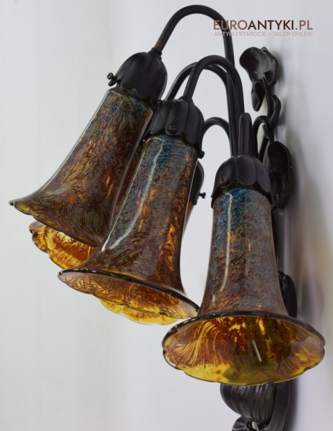 Bursztynowe kinkiety Emile Galle. Zabytkowe secesyjne lampy na ścianę do zamku pałacu dworu