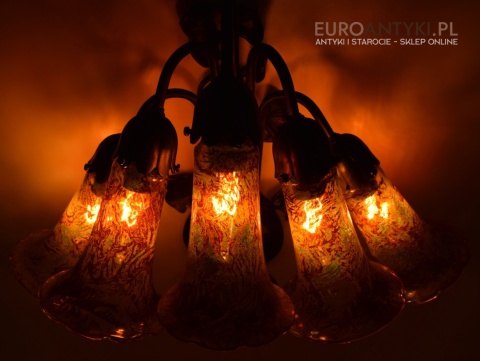 Bursztynowe kinkiety Emile Galle. Zabytkowe secesyjne lampy na ścianę do zamku pałacu dworu