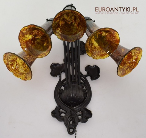 Bursztynowe kinkiety Emile Galle. Zabytkowe secesyjne lampy na ścianę do zamku pałacu dworu