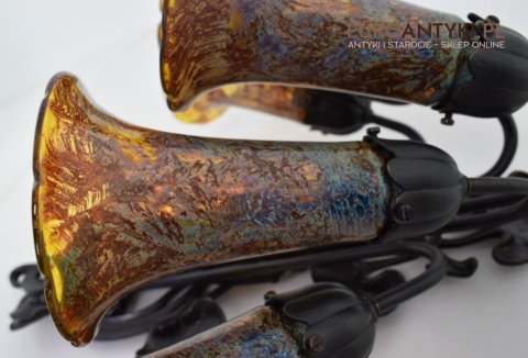 Bursztynowe kinkiety Emile Galle. Zabytkowe secesyjne lampy na ścianę do zamku pałacu dworu