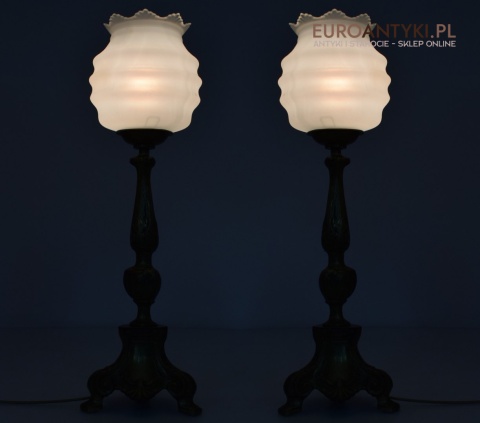 2 zabytkowe lampy na stolik. Muzealne mosiężne lamki stołowe pałacowe dworskie.