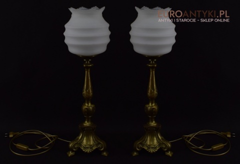2 zabytkowe lampy na stolik. Muzealne mosiężne lamki stołowe pałacowe dworskie.