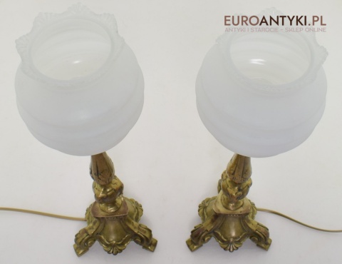 2 zabytkowe lampy na stolik. Muzealne mosiężne lamki stołowe pałacowe dworskie.