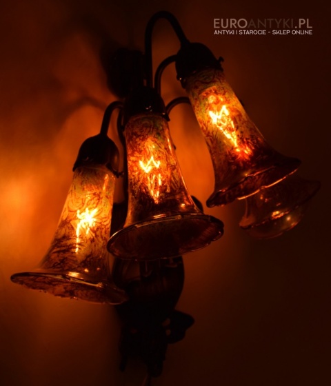 Bursztynowe kinkiety Emile Galle. Zabytkowe secesyjne lampy na ścianę do zamku pałacu dworu