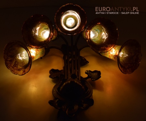 Bursztynowe kinkiety Emile Galle. Zabytkowe secesyjne lampy na ścianę do zamku pałacu dworu
