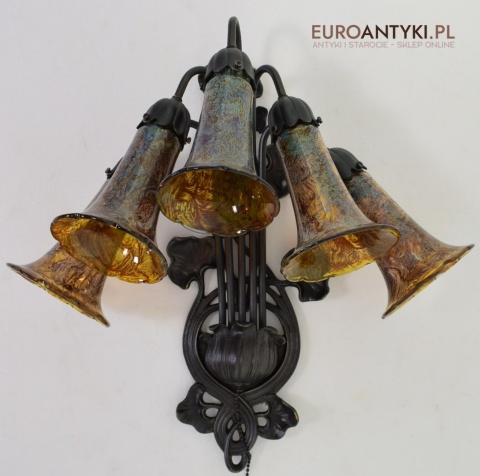 Bursztynowe kinkiety Emile Galle. Zabytkowe secesyjne lampy na ścianę do zamku pałacu dworu