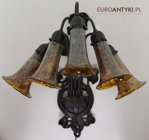 Bursztynowe kinkiety Emile Galle. Zabytkowe secesyjne lampy na ścianę do zamku pałacu dworu
