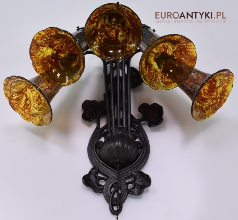 Bursztynowe kinkiety Emile Galle. Zabytkowe secesyjne lampy na ścianę do zamku pałacu dworu