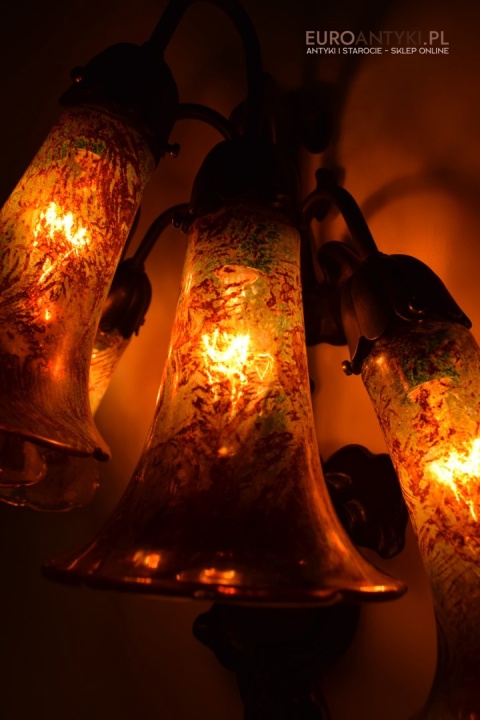 Bursztynowe kinkiety Emile Galle. Zabytkowe secesyjne lampy na ścianę do zamku pałacu dworu