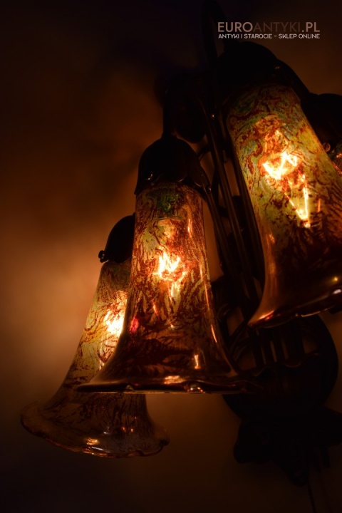 Bursztynowe kinkiety Emile Galle. Zabytkowe secesyjne lampy na ścianę do zamku pałacu dworu