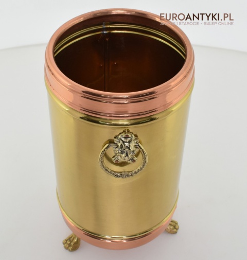 Zabytkowy parasolnik, stojak na laski, miedziany śmietnik