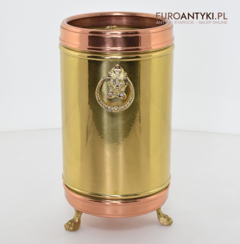 Zabytkowy parasolnik, stojak na laski, miedziany śmietnik