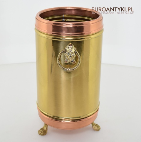 Zabytkowy parasolnik, stojak na laski, miedziany śmietnik