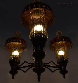 Cottagecore lampa wisząca vintage 3-punktowa – drewno metal szkło, Szwajcaria lata 70