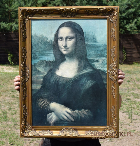 Mona Lisa stary obraz w złotych drewnianych ramach.