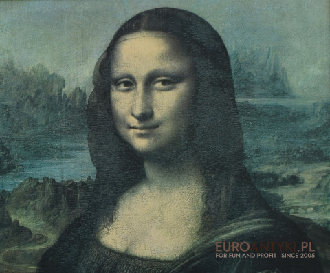 Mona Lisa stary obraz w złotych drewnianych ramach.