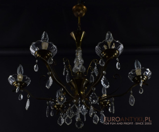 Vintage żyrandol mosiężny z kryształami. Antyczna lampa z francji.