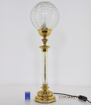 XL! Wysoka antyczna lampa stołowa z mosiądzu i kryształu. Oświetlenie vintage.