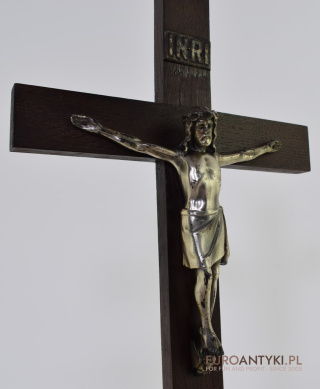 XL! Duży antyczny krzyż drewniany z Jezusem Chrystusem INRI.