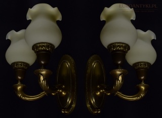 XL antyczne kinkiety pałacowe brąz + szklane klosze, Francja, początek XX w., 2 szt.