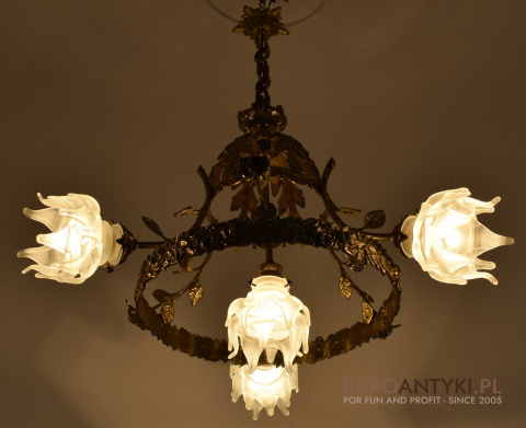 Okrągły mosiężny żyrandol barokowy z kloszami - lampy pałacowe antyczne