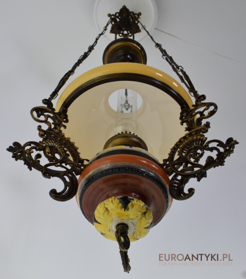 XXL! Majolika Antyczna Lampa Wisząca z Przeciwwagą - Vintage Oświetlenie