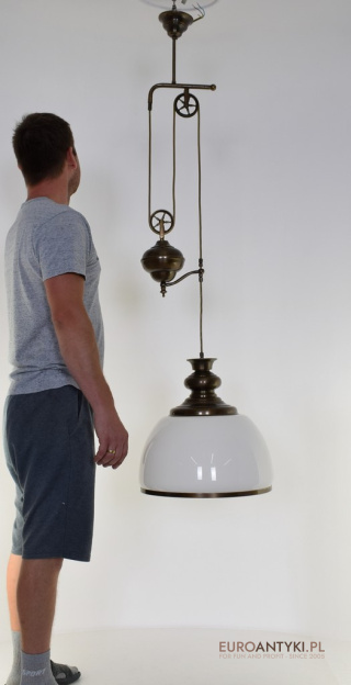 XL Regulowana Lampa z Przeciwwagą - Mosiądz i Szklany Mleczny Klosz