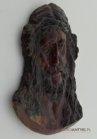 Retro vintage, antyczny odlew gipsowy twarzy Jezusa Chrystua z dawnych lat
