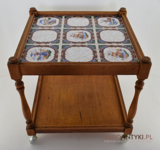 Rustykalny barek - pomocnik - stolik dębowy z kafelkami z Flandrii