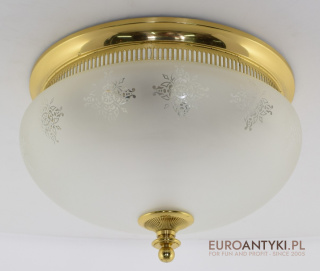 Złoty plafon mosiężny ze szklanym matowym kloszem z wzorami antycznymi - styl pałacowy, zamkowy, dworski