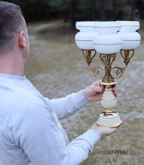 Antyczna lampa stołowa Florentine – porcelana i mosiądz, handmade Italy