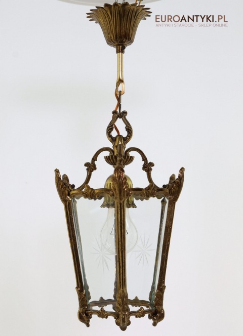 sufitowa antyczna lampa mosiężna z szybami