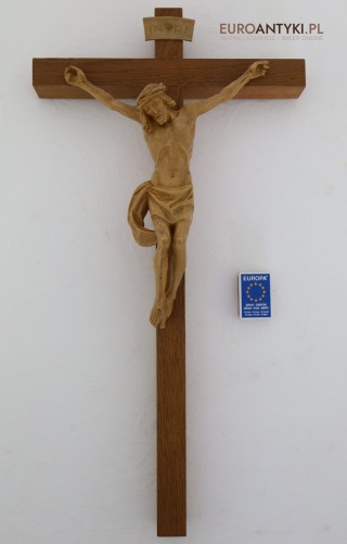XL! Duży krucyfiks z litego drewna – klasyczny krzyż z postacią Jezusa i napisem INRI – styl sakralny, Francja, lata 1950-70
