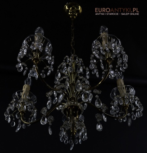 mosiężny żyrandol vintage z kryształami