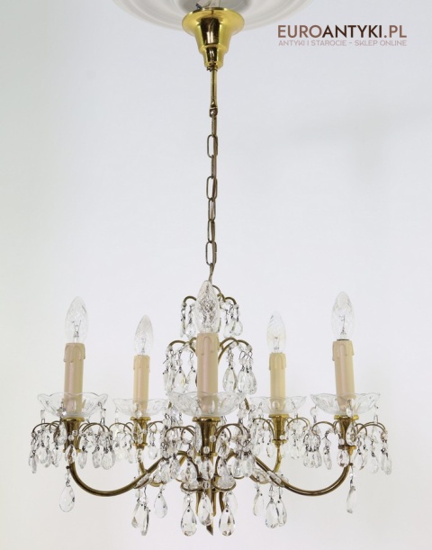 żyrandol mosiężny retro z patyną i kryształami