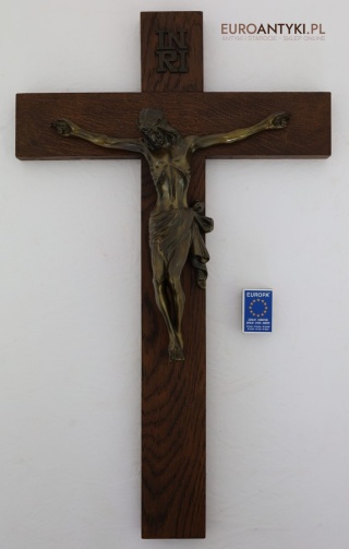 XL! Duży antyczny krucyfiks drewniany z brązową figurą Chrystusa – styl klasycystyczny