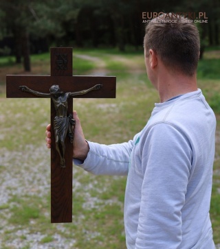 XL! Duży antyczny krucyfiks drewniany z brązową figurą Chrystusa – styl klasycystyczny