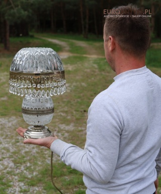 XL! DUŻA! Luksusowa antyczna lampa stołowa kryształowa z połowy XX wieku