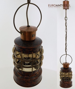 PREMIUM! Miedziana lampa wisząca w stylu marynistycznym – retro industrialne oświetlenie z Francji