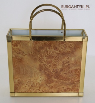 Stylowa ozdobna skrzynka koszyk gazetnik retro z imitacją drewna burl – francuska dekoracja z końca XX wieku