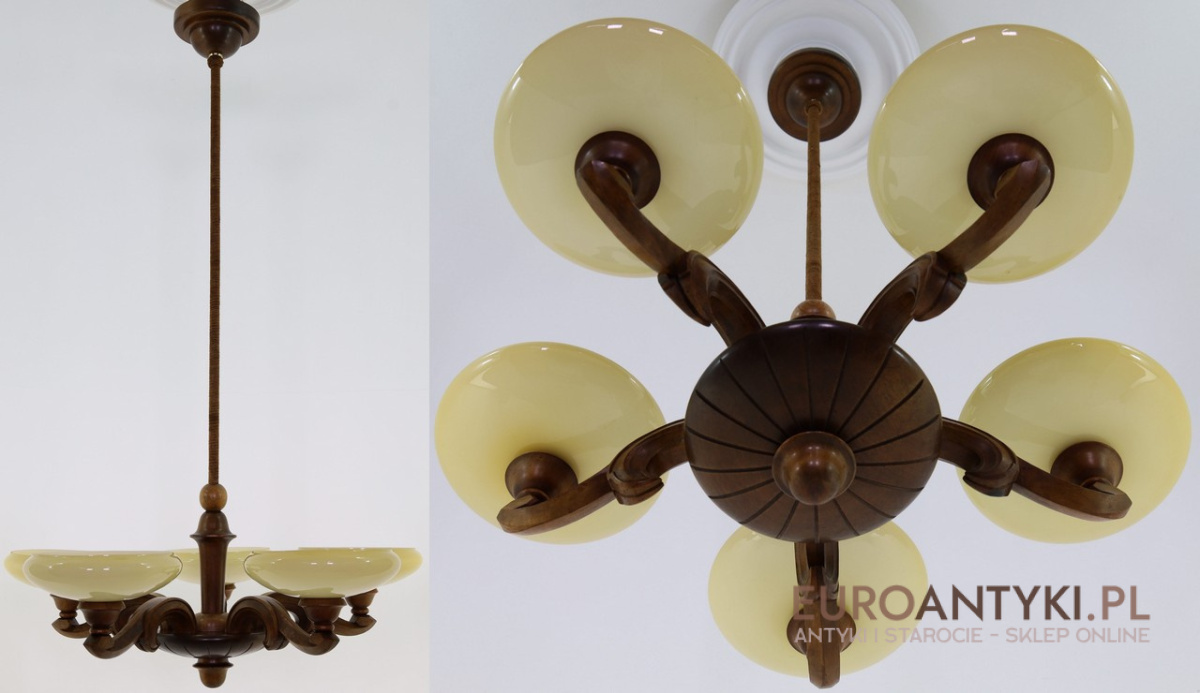 Żyrandole Art Deco z drewna i szklanymi kloszami – oryginalne skarby z epoki