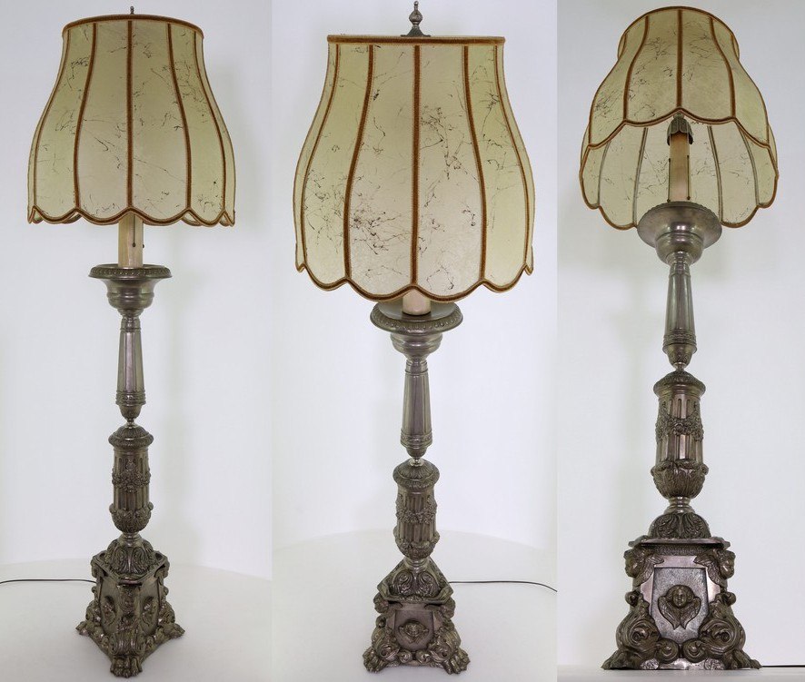 srebrne lampy podłogowe antyczne