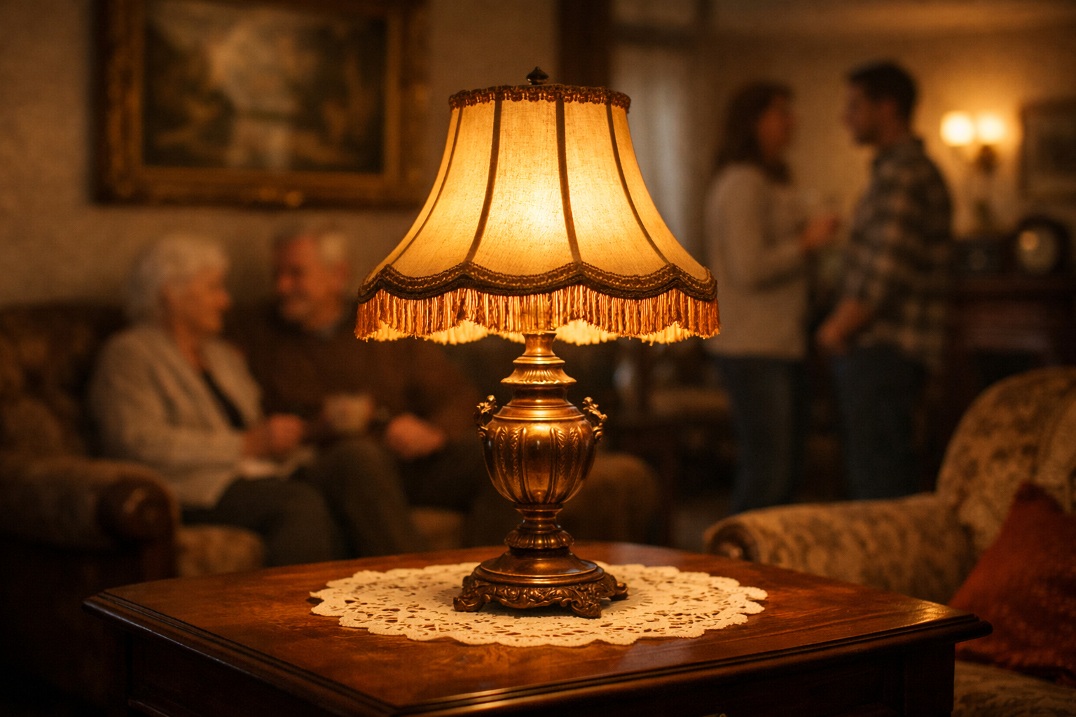 antyczna lampa vintage w salonie przemijanie czasu ludzie jak duchy różne epoki retro wnętrze