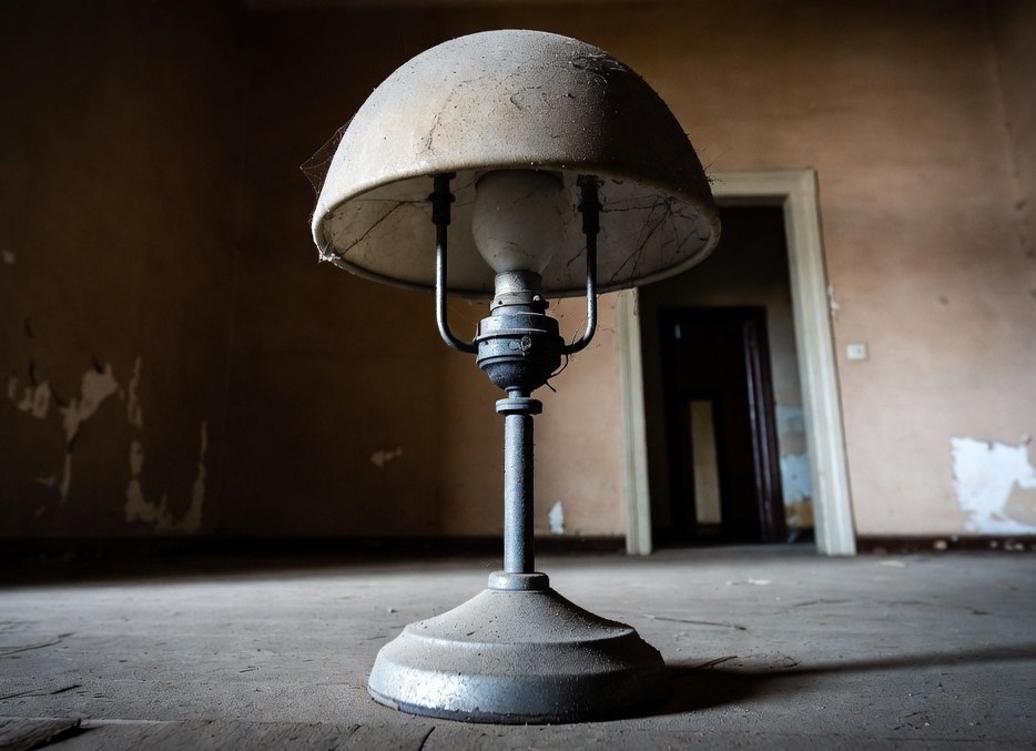 stara zakurzona lampa vintage na strychu antyczna lampa przed renowacją retro z epoki