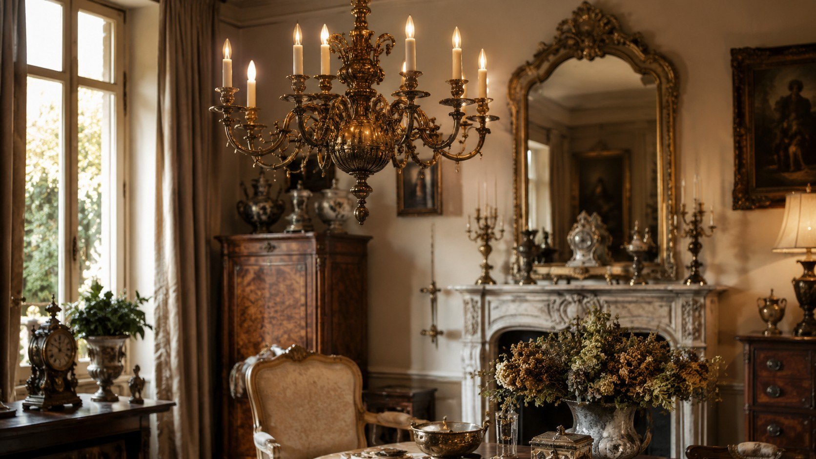 Antique decor, antyczne oświetlenie vintage i stylowe meble z epoki w eleganckim wnętrzu