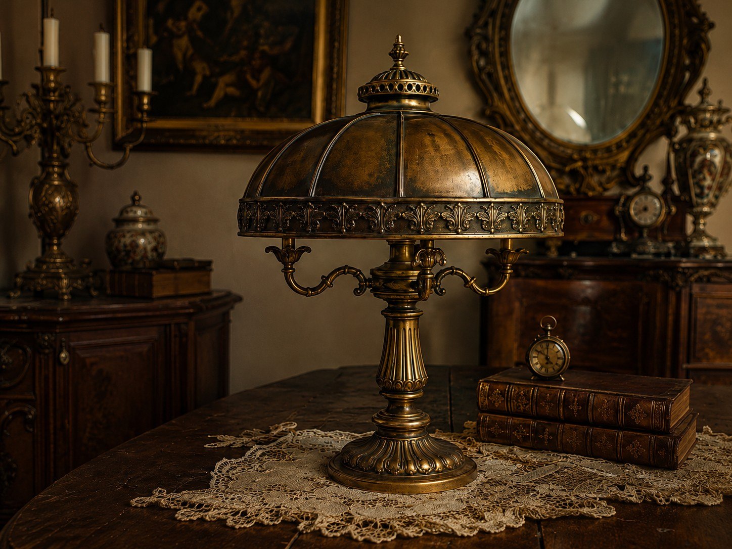 antyczna lampa vintage z epoki z naturalną patyną na mosiądzu, stylowe stare wnętrze retro