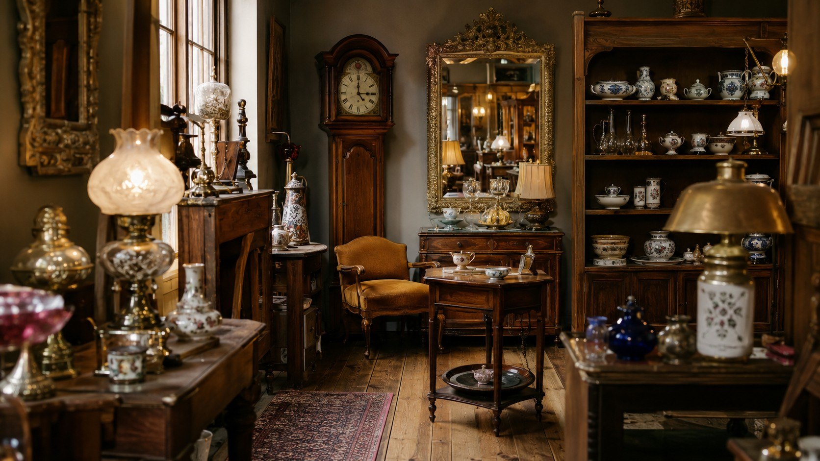 Wnętrze sklepu ze starociami z antycznymi lampami, zegarem, meblami i porcelaną