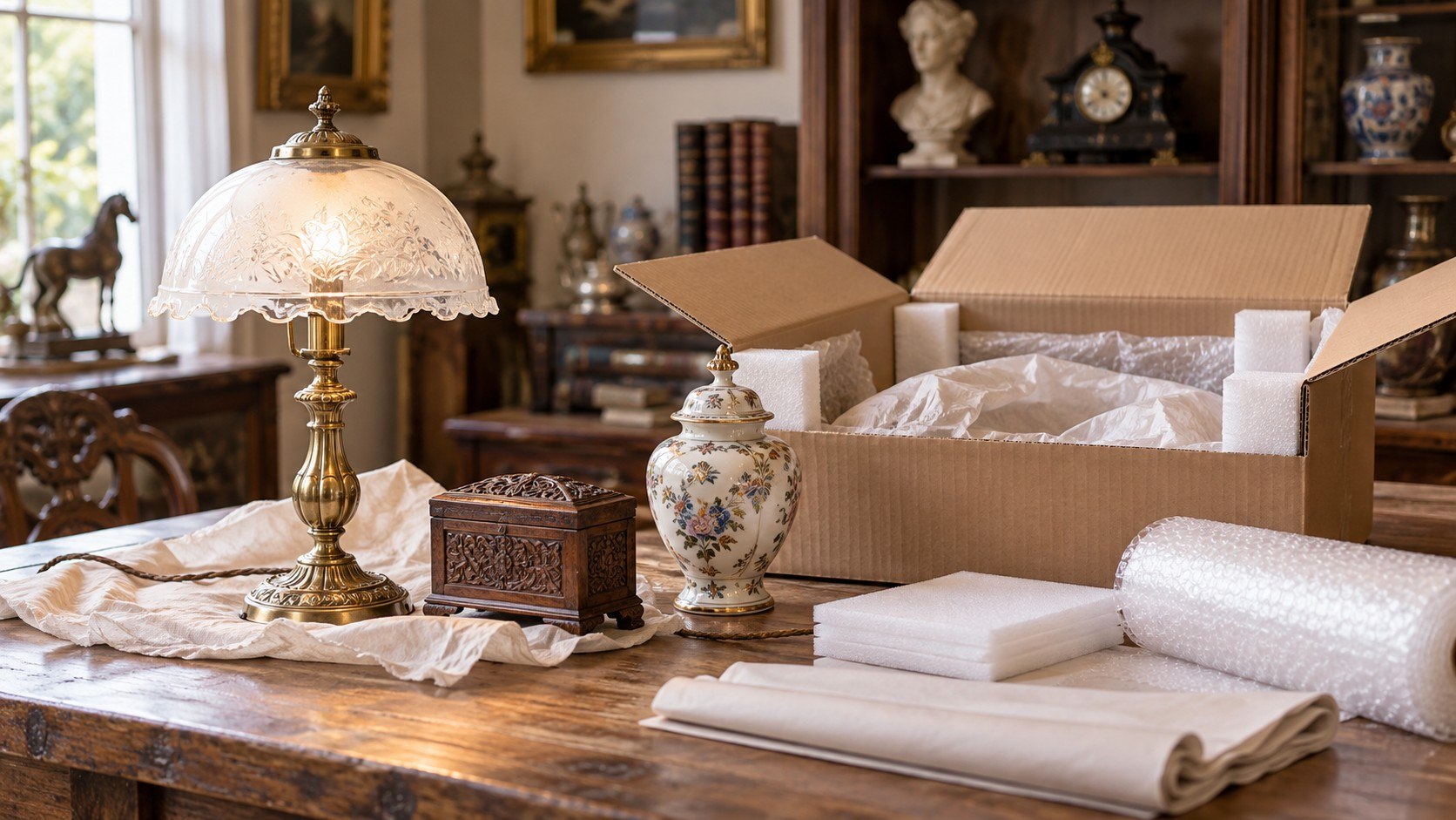 Antique lamp, porcelain and wooden decoration prepared for safe shipping across Europe